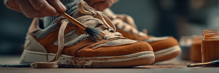 Restoring old sneakers with care in a cozy indoor workspace during the afternoon