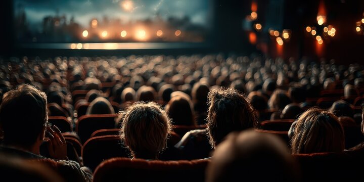 Crowd gathered in theater eagerly awaiting the start of an engaging performance on a cozy evening