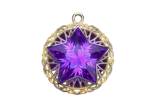 A vibrant purple star-shaped gemstone, set in an intricate gold filigree, is highlighted against a black backdrop.