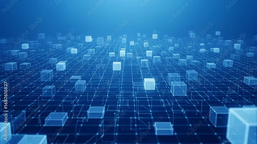 Poster abstract blue cubes quantum computing network - a digital video of a network of glowing blue cubes o