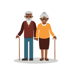 Fototapeta premium Elderly African American couple vector illustration with walking canes and stylish outfits, flat design. Senior husband and wife.