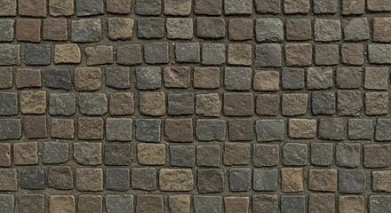 Close-up of a cobblestone pavement with small, square stones in varying shades of brown and gray.