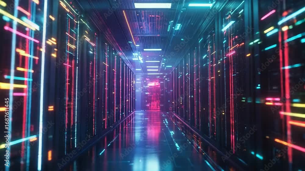 Poster futuristic server room with glowing lines of data flowing