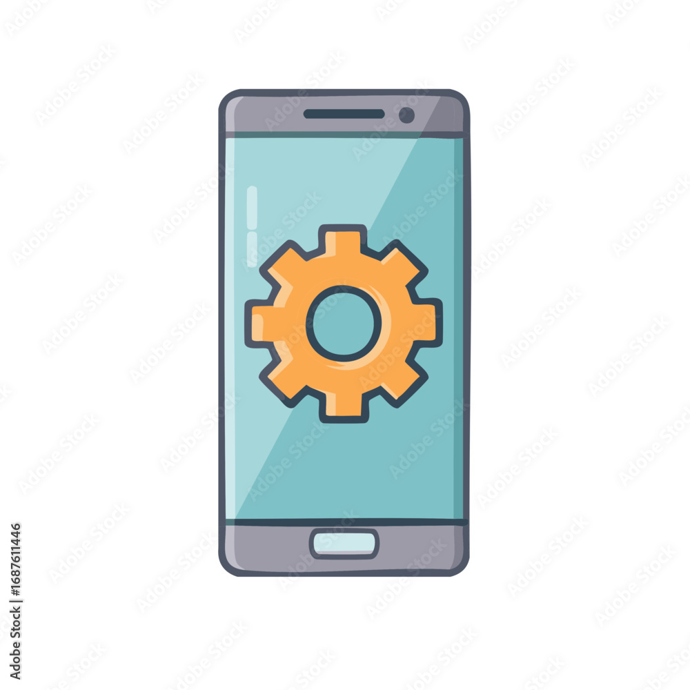 Poster digital mobile phone displaying an orange gear icon representing system settings or configuration