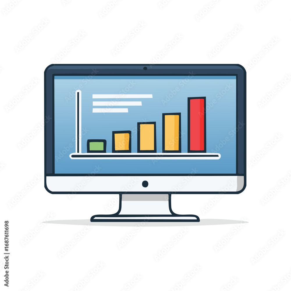 Poster modern desktop computer monitor displaying a colorful bar graph for data analysis financial growth a