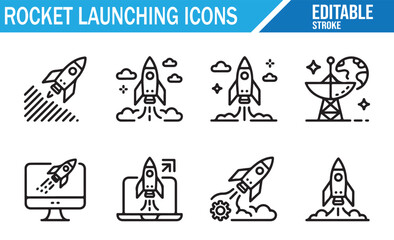 Editable Rocket Launch Icons Featuring Satellites and Space Exploration