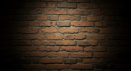 A textured red brick wall illuminated by a central spotlight, creating a dark, shadowy vignette effect.