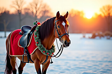 Festive Horse in Winter Landscape