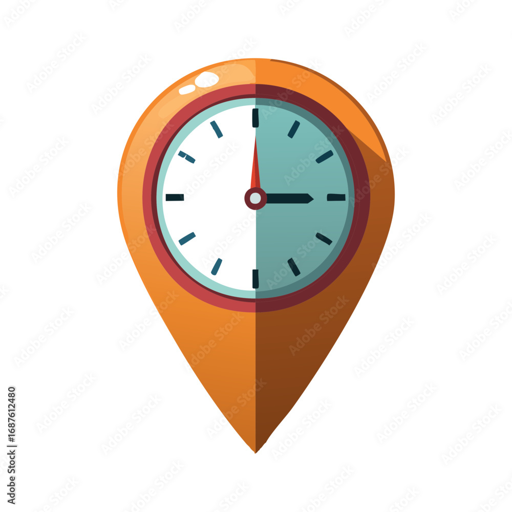 Poster vibrant orange map pin icon displaying a clock face for accurate time and location tracking
