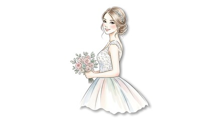 Fototapeta premium Bride with wedding dress, flowers, and portrait.
