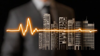 A hand traces a vital sign graph over a city skyline, highlighting urban development's performance. - Powered by Adobe