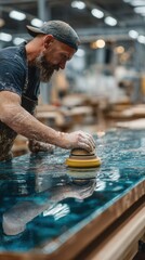 Craftsman works on a glossy resin tabletop in a workshop environment during daylight hours
