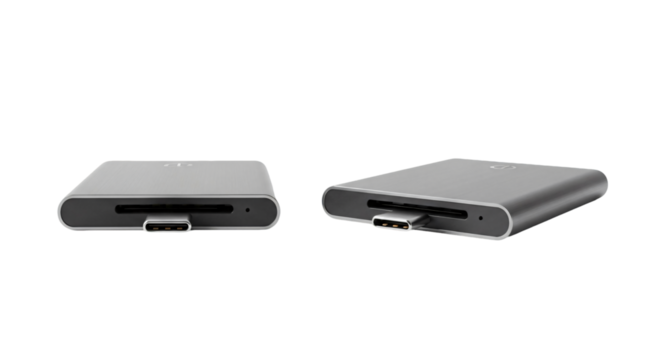 Compact USB-C SD Card Reader Adapter Silver Aluminum.