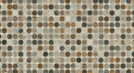 Close-up of a mosaic tile pattern featuring small circular pieces in a variety of earthy and neutral tones, creating a textured surface.