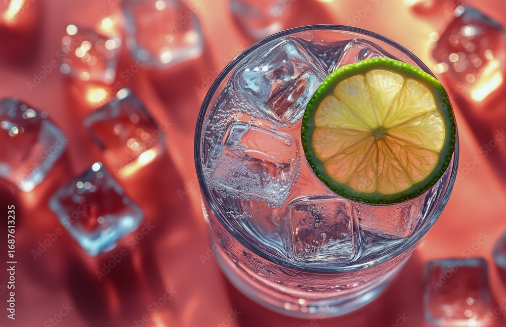 Aufkleber refreshing beverage with lime and ice on a pink background during a summer gathering.