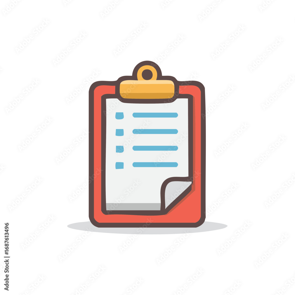 Poster minimalist red clipboard holding a white checklist document with blue lines and bullet points for ta