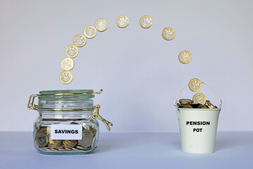 pound coins switching between savings and a pension pot. planning a retirement future.