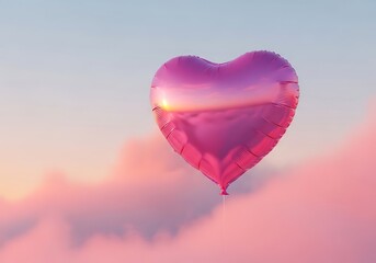 Fototapeta premium A large, heart-shaped pink balloon floats serenely against a soft, pastel sunset sky.