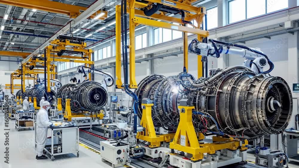 Aufkleber jet engine assembly line in modern factory - a clean and modern factory showcases an automated assem