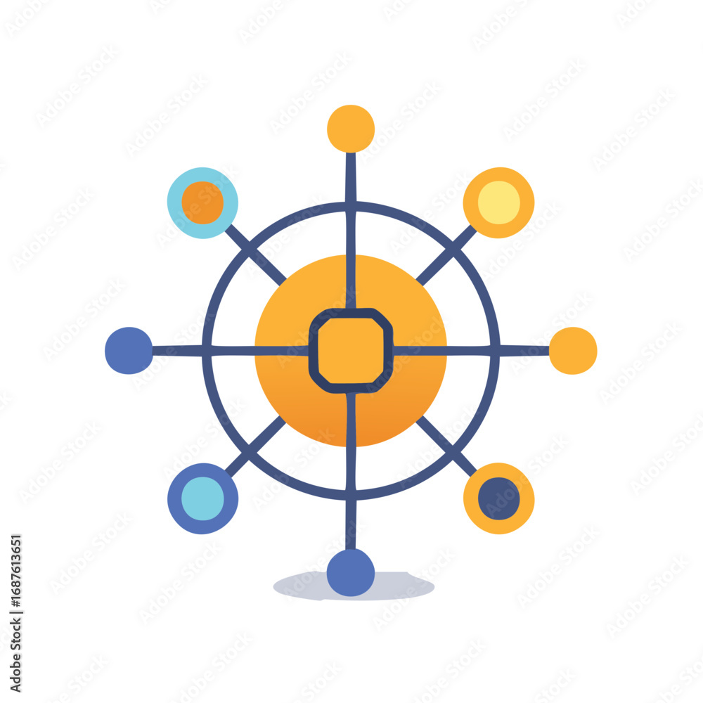 Poster flat vector icon of a centralized network with a hub and spoke model representing connectivity and s