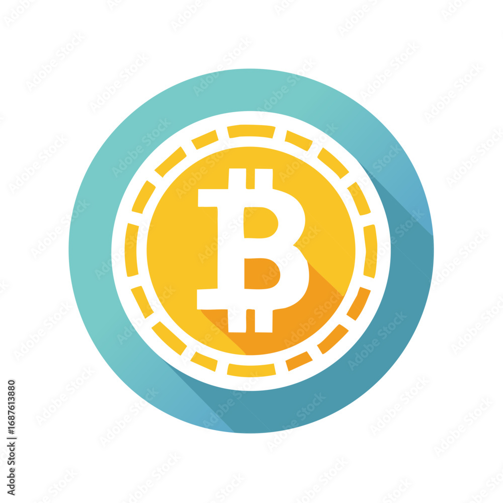 Poster modern flat design bitcoin coin icon with a long shadow representing cryptocurrency and blockchain t