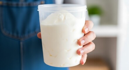 Woman holding yogurt container.