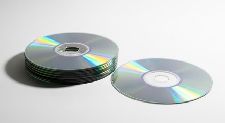 Silver Compact Discs Stacked Together Shiny Reflective Surface with Rainbow Hues