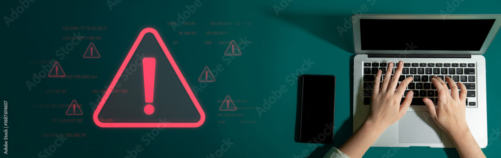 Poster cybersecurity alert warning showing red cyber for data breach, network threat, and cyber security sy