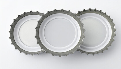 Three bottle caps arranged in a row with silver lining on white surface
