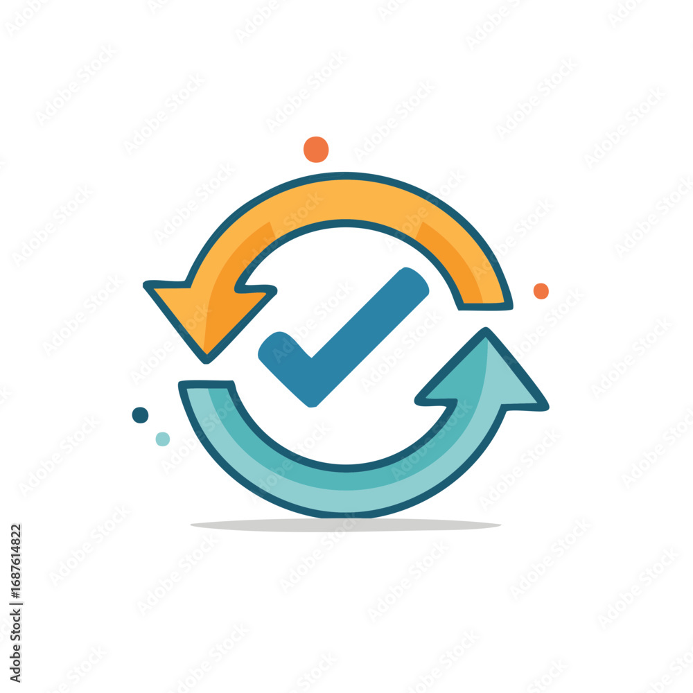 Poster checkmark symbol inside arrows, repeating process or concept for efficiency