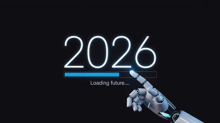 Robot finger touches 2026 loading bar symbolizing future technology progress and ai advancement