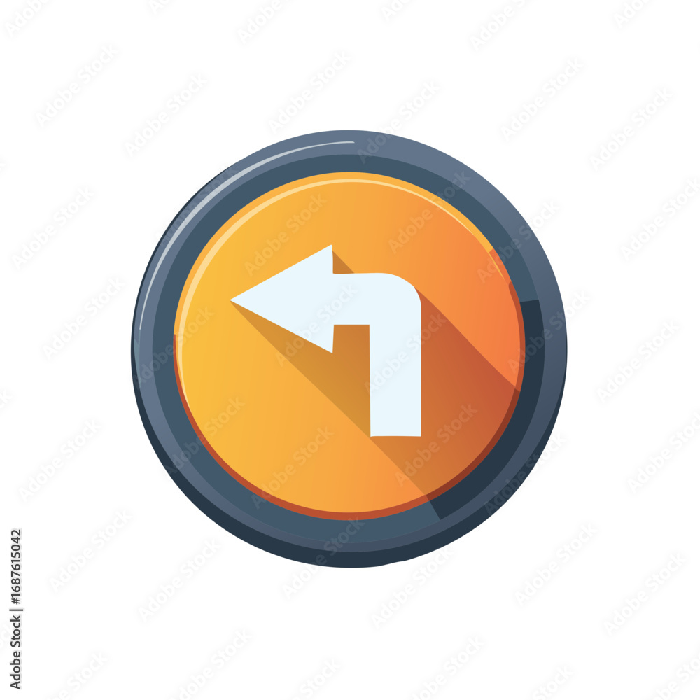 Poster white arrow indicating a left turn on a circular orange button with a dark grey border