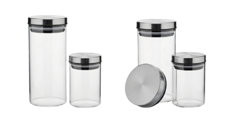 Set of Glass Storage Jars with Stainless Steel Lids.