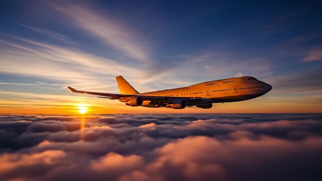 Airplane Sunset Flight Above Clouds - A large passenger airplane is seen flying above a layer of clouds during a vibrant sunset.