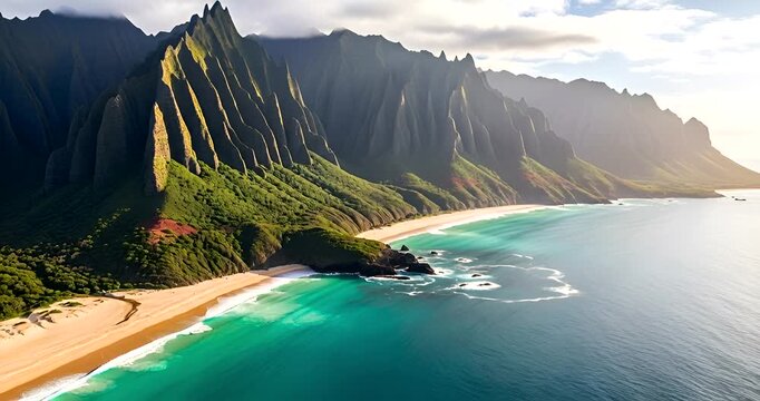 Stunning aerial view of the Na Pali Coast, Kauai, Hawaii showcasing vibrant colors