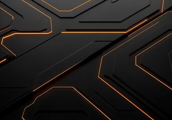 A striking graphic design with a dark, multifaceted surface, highlighted with bold orange lines, showcasing a futuristic and technical aesthetic.