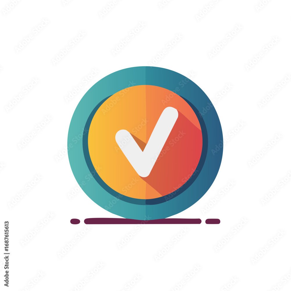 Poster approved white check mark icon in a colorful round button with long shadow flat design