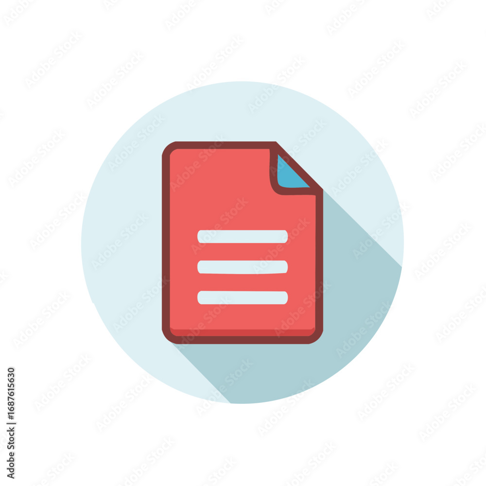 Poster flat design document icon with text lines and long shadow in a circle