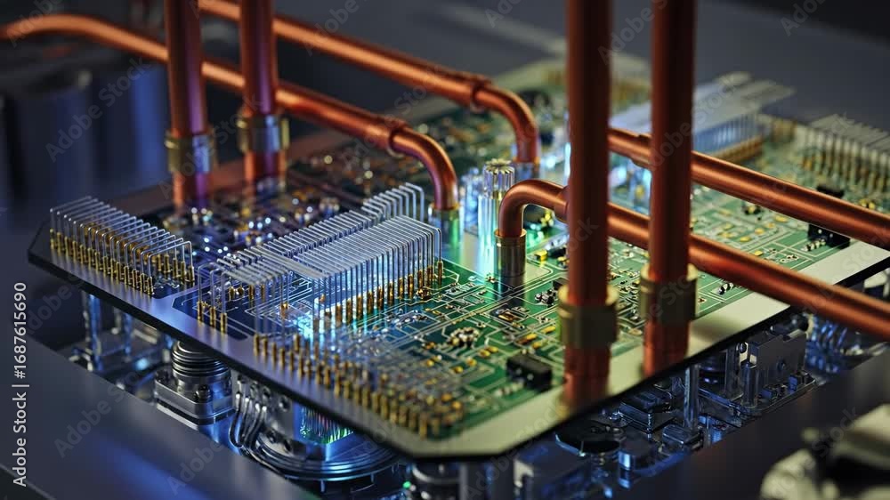 Poster quantum computing circuit board - close-up of a quantum computing circuit board with copper pipes fo