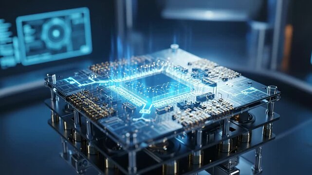 Quantum Computing Processor - Close-up view of a futuristic quantum computing processor, glowing with blue energy, sits on a complex circuit board.