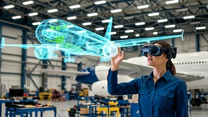 Engineer Using AR to Inspect Aircraft Hologram - A female engineer in a hangar uses augmented reality glasses to interact with a 3D holographic model of an airplane, examining its detailed components. - Powered by Adobe