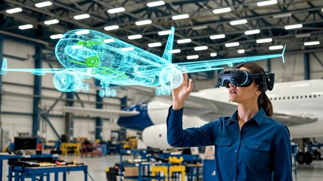 Engineer Using AR to Inspect Aircraft Hologram - A female engineer in a hangar uses augmented reality glasses to interact with a 3D holographic model of an airplane, examining its detailed components. - Powered by Adobe