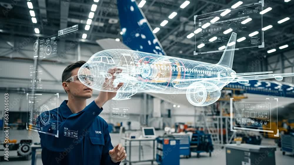 Poster engineer inspecting airplane with augmented reality - an engineer in a hangar uses augmented reality