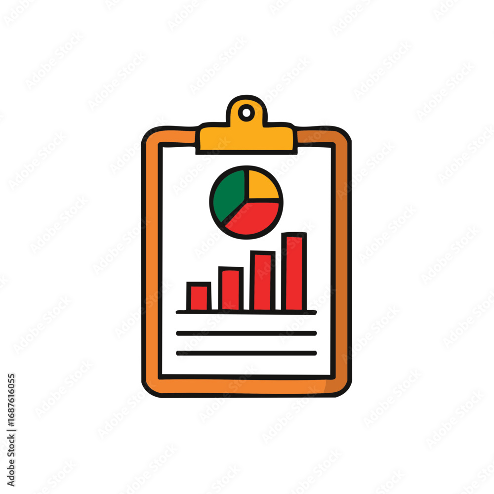 Poster clipboard displaying bar chart and pie graph illustration for data analysis and progress