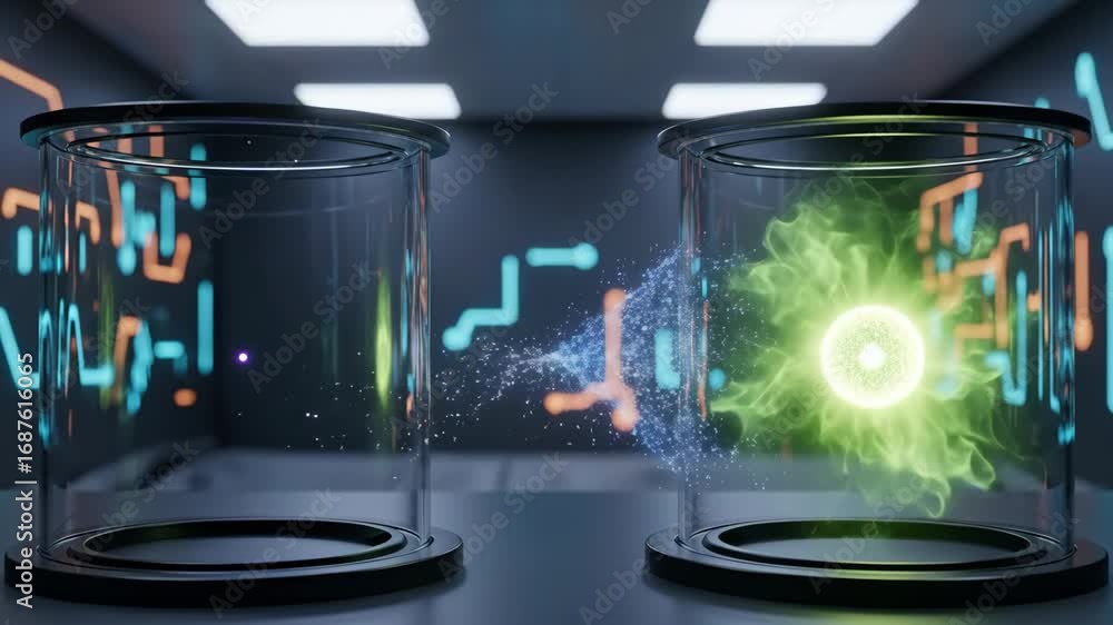 Poster quantum teleportation: particle transfer - a futuristic depiction of quantum teleportation, showcasi