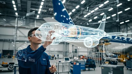 Engineer Inspecting Airplane with Augmented Reality - An engineer in a hangar uses augmented reality technology to examine a detailed 3D holographic model of an airplane. - Powered by Adobe