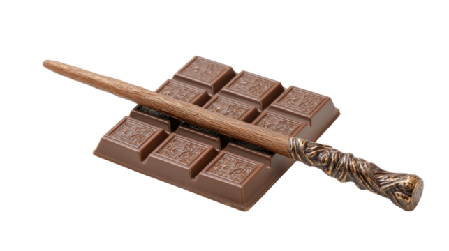 Enchanting Chocolate Delight A Whimsical Wand Resting on a Decadent Chocolate Bar Against a Transparent Backdrop