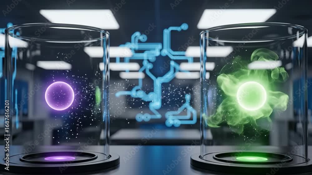 Poster quantum teleportation: particle transfer - a digital video depicts quantum teleportation, showing a 