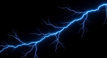 A powerful and vibrant blue lightning bolt electrifies the black night, illustrating the intensity and energy of a natural atmospheric electricity discharge