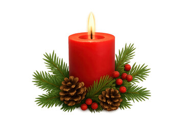 Red burning christmas candle with pine cones, berries, and transparent background